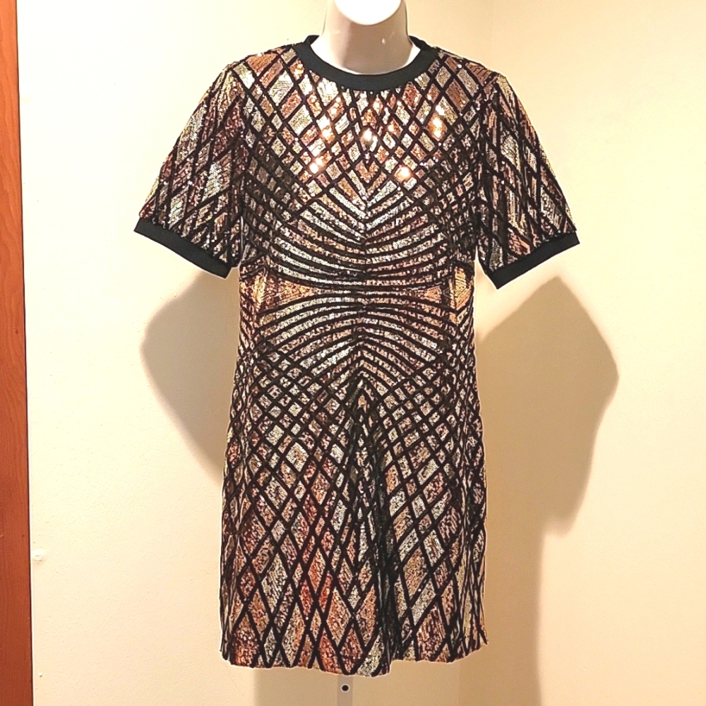 ASOS GOLD, BRASS & BLACK GEOMETRIC DESIGN SEQUIN DRESS WITH SHORT SLEEVES
